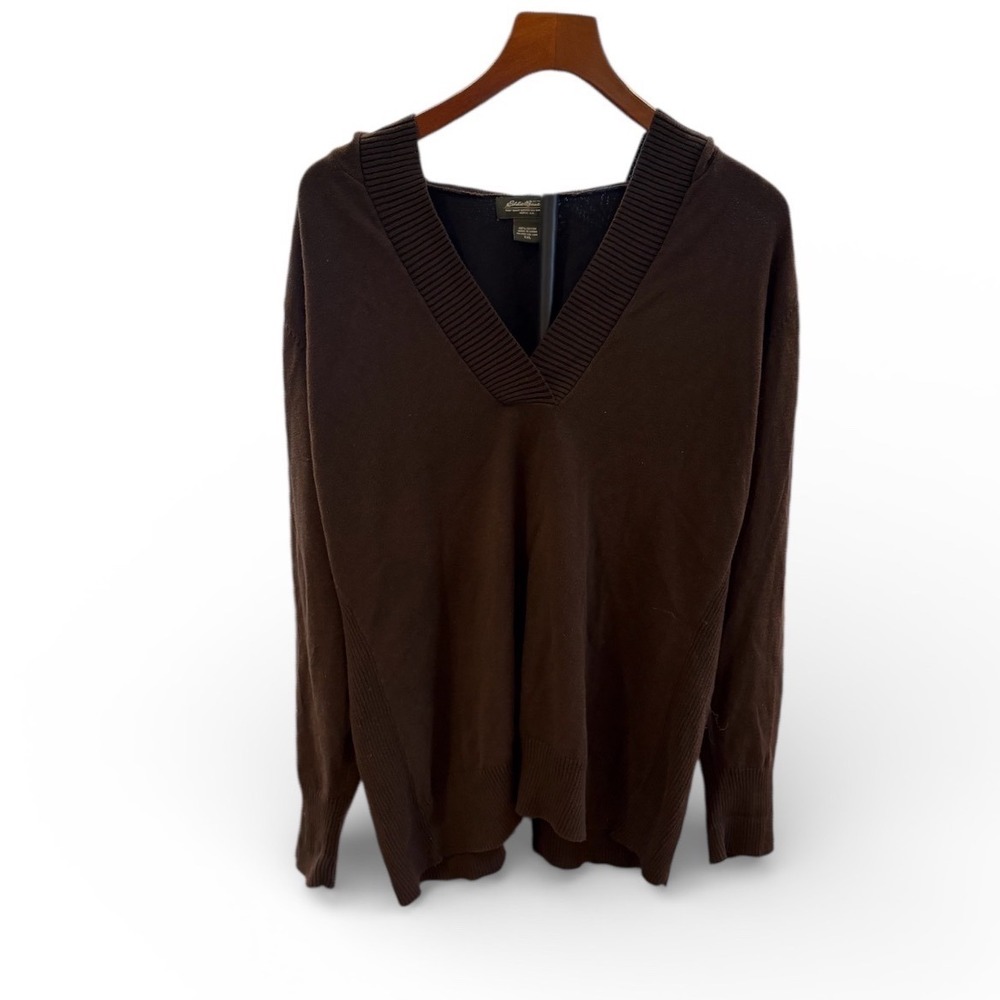 Eddie Bauer Womens Brown V Neck Hooded Knit Sweater Long Sleeve Size XXL Cotton
